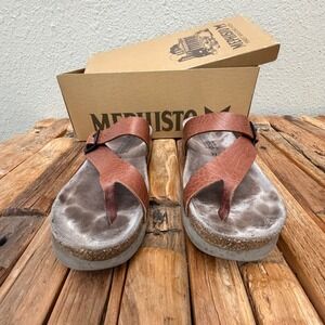 Mephisto Helen Leather Thong Sandals Brown Cork Footbed Women Size 37 EU 7 US